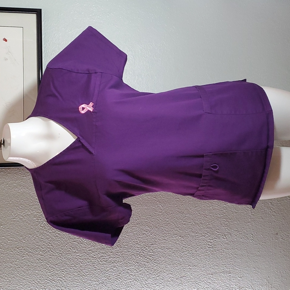 WHITE LABEL STRETCH Purple w/Pink Bow-Tie back-2-pocket-Scrub Tunic-EUC-Sz M
